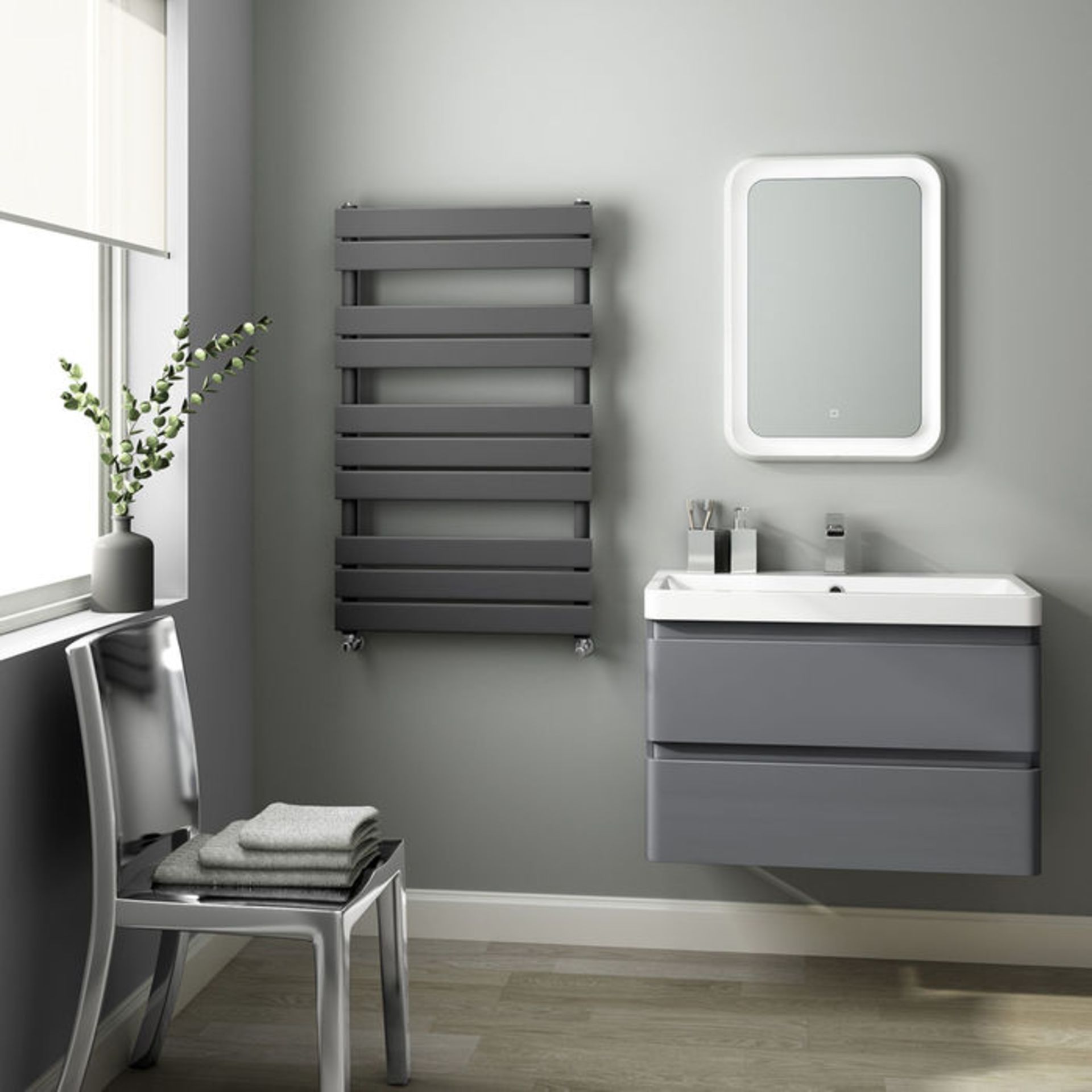 (T154) 1000x600mm Anthracite Flat Panel Ladder Towel Radiator. Made with low carbon steel, - Image 2 of 2