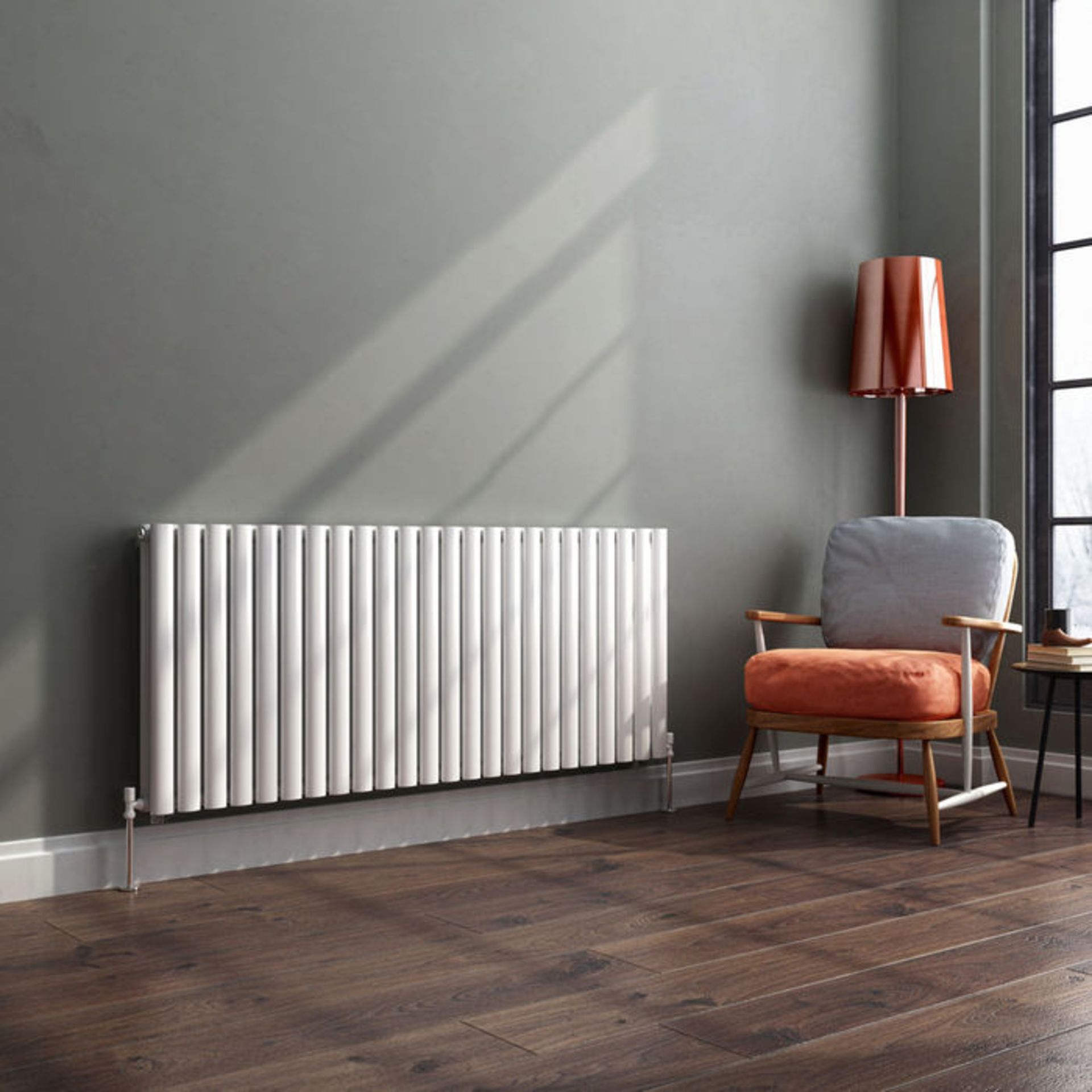 (PO172) 600x1440mm Gloss White Double Panel Oval Tube Horizontal Radiator. RRP £474.99.Made from