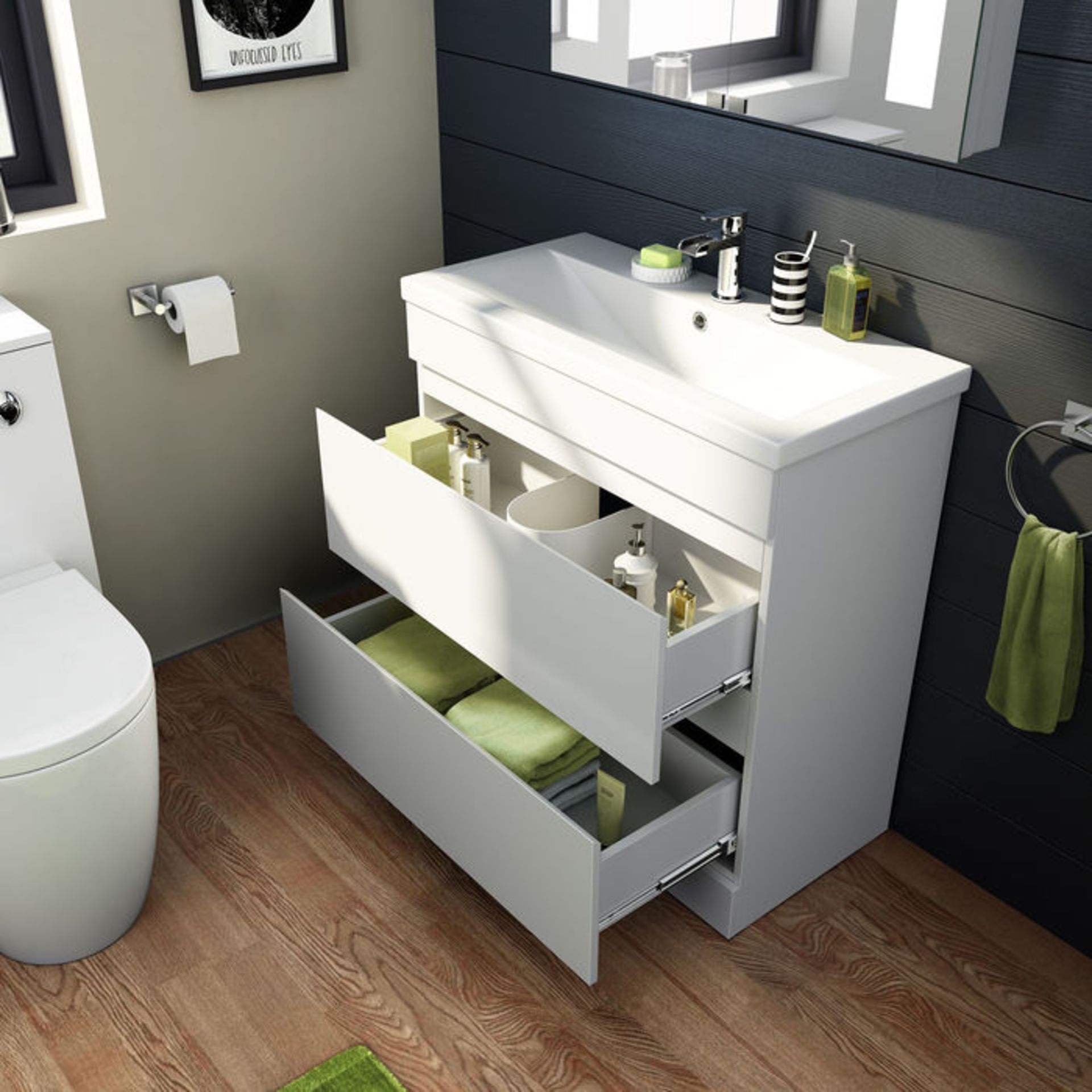 (PA22) 800mm Trent High Gloss White Double Drawer Basin Cabinet - Floor Standing. RRP £499.99. COMES - Image 5 of 5