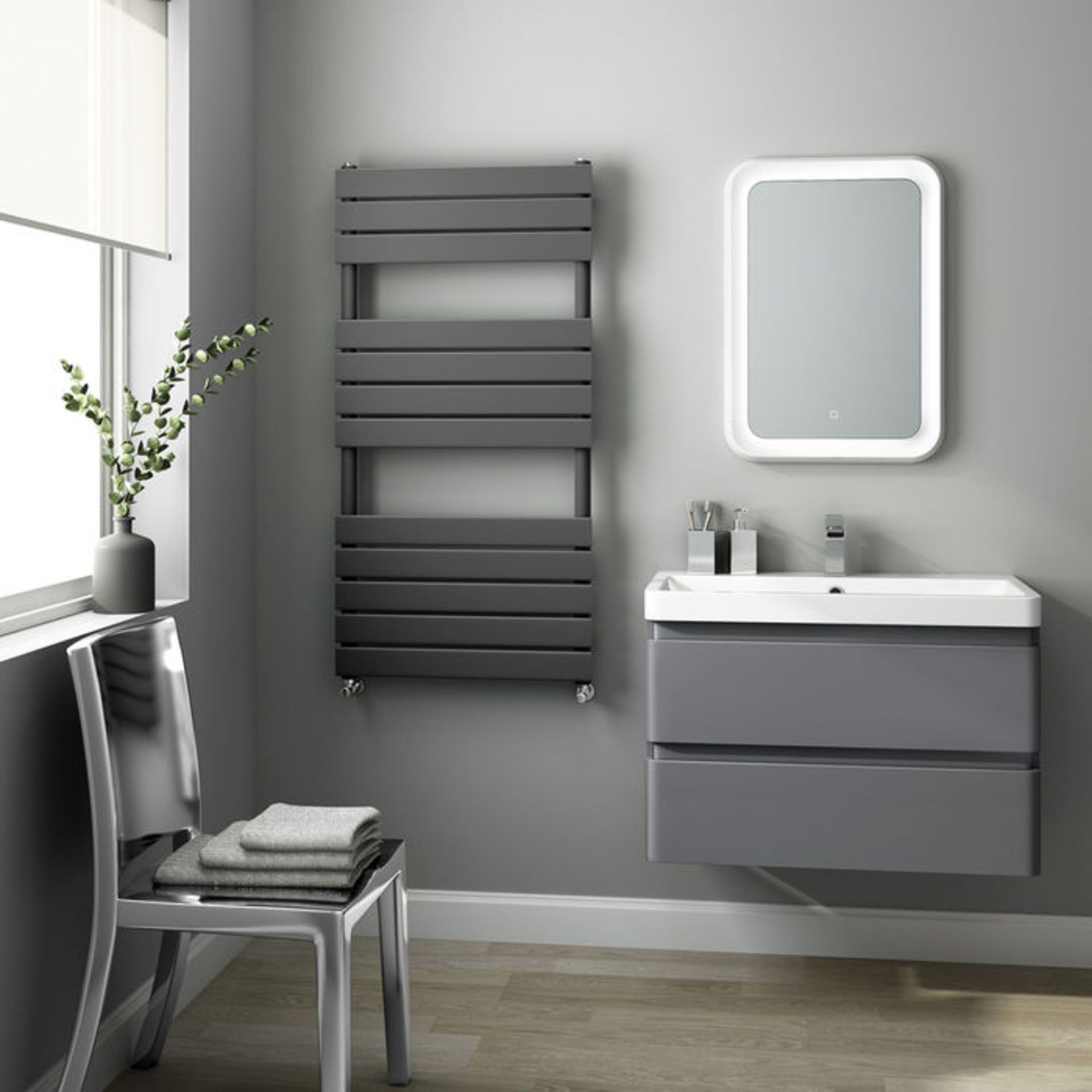 (AH46) 1200x600mm Anthracite Flat Panel Ladder Towel Radiator. RRP £374.99. Made with low carbon - Image 2 of 3