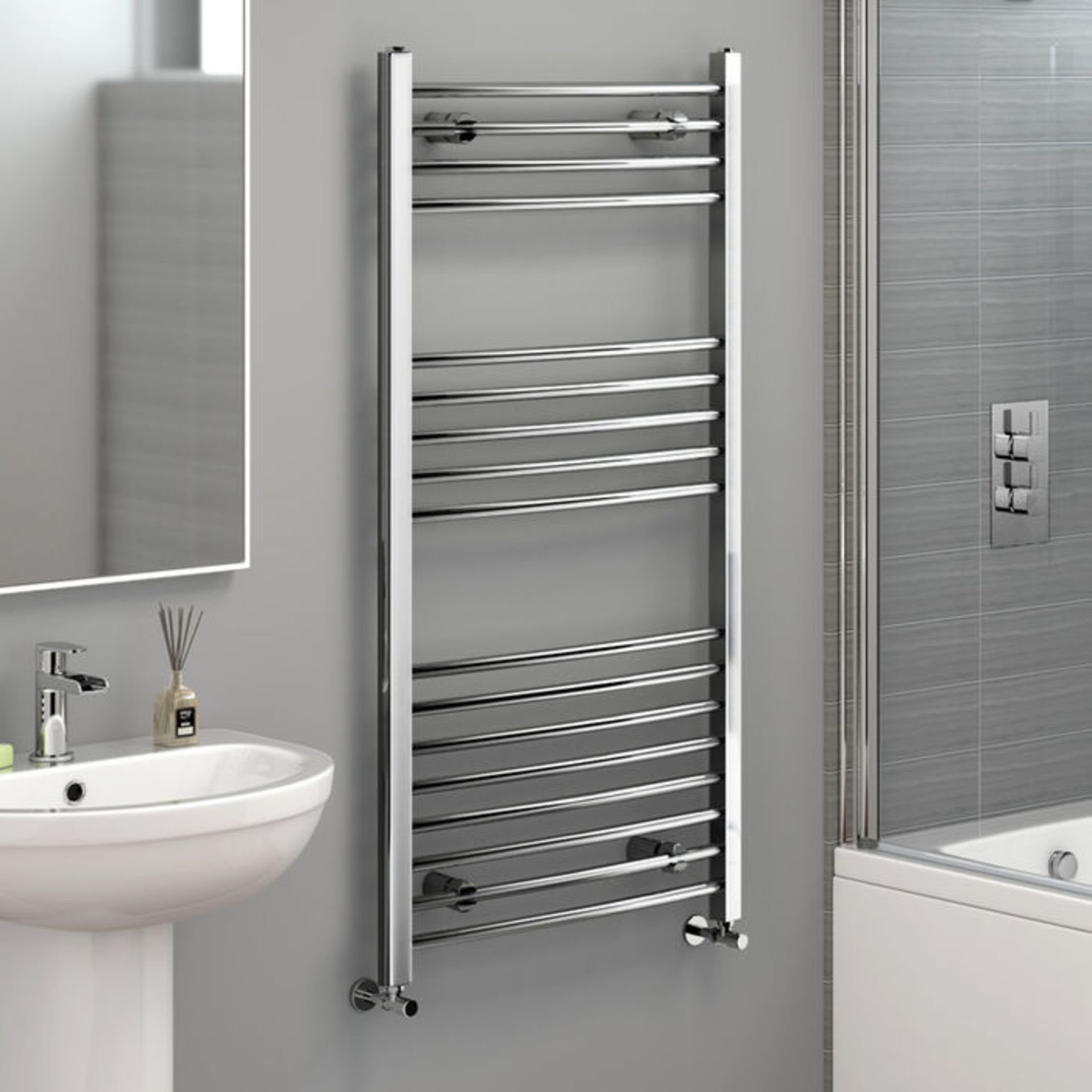 (AH8) 1200x600mm - 20mm Tubes - Chrome Curved Rail Ladder Towel Radiator. Made from chrome plated