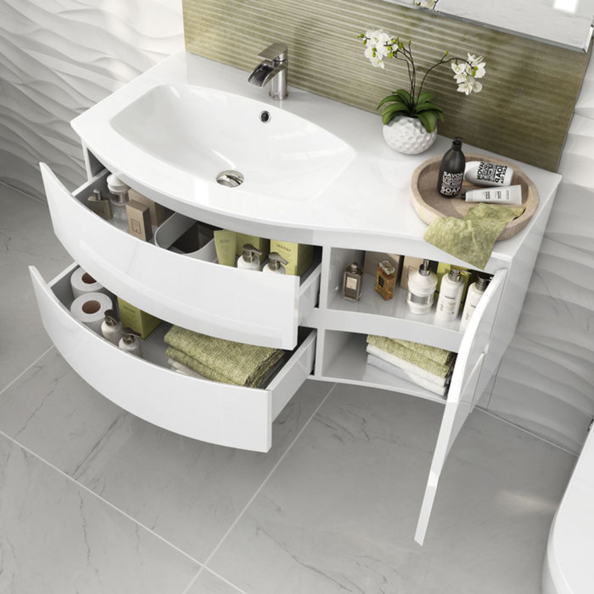 (AH4) 1040mm Amelie High Gloss White Curved Vanity Unit - Left Hand - Wall Hung. This premium option - Image 3 of 4