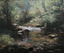 Robert Turnbull 20C artist Pastel Forrest stream in Dappled sun