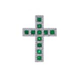 Modern 18ct White Gold Emerald and Diamond Cross Pendant