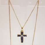 18ct Yellow Gold Sapphire and Diamond set cross set on 9ct Gold curb chain
