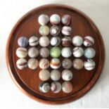 Unusual Set of 33 Coloured 1" Glass Marbles With 1 or 2 Pontil Marks On A Wooden Solitaire Board