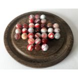 Unusual Set of 33 Red & White 1" Glass Marbles With 1 or 2 Pontil Marks & Wooden Solitaire Board