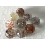 Nine Unusual Different Colourful Glass Marbles With Pontil Marks - Some Have Just 1