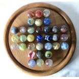 Unusual Set of 33 Colourful 1" Glass Marbles With 1 or 2 Pontil Marks On A Wooden Solitaire Board