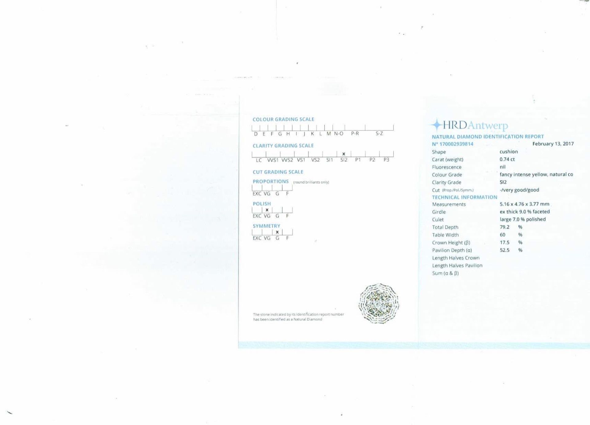 An unmounted Cushion-shaped diamond weighing app. 0.74ct. - Image 2 of 2