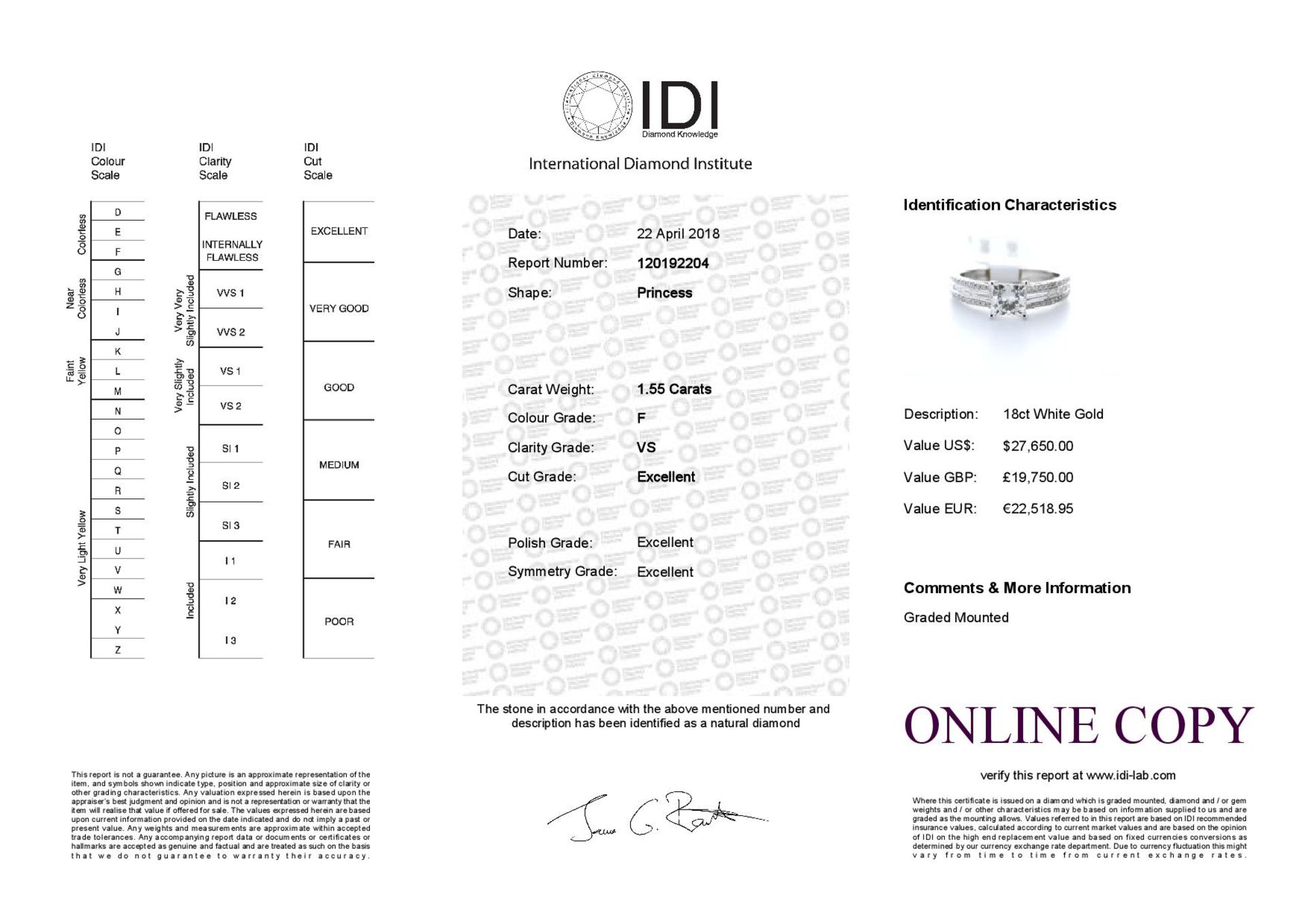 18k White Gold Princess Cut Diamond Ring 1.55 - Image 3 of 3