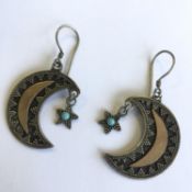 Antique Artisan Sterling Silver Earrings Moon and Star Turquoise Rose Gold Inlay
