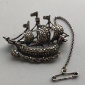 Vintage 925 Sterling Silver & Marcasite Pin Brooch Viking Ship w/ Safety Chain