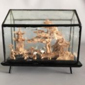 Vintage Fujian 3D Cork Diorama Picture in Black Lacquer Frame in Original BoX