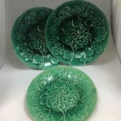 3 x Antique 19th Century Majolica Green Geranium Dessert Plates Hope & Carter