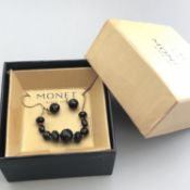 Monet Gold Tone and Black Glass Necklace Earrings Set in original box, Vintage