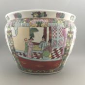 A Large Enamelled Chinese Plant Pot Jardiniere with Fish Bowl Koi Carp Interior