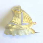Antique French Ship Brooch Mother of Pearl / Shell Sailor 19th Century