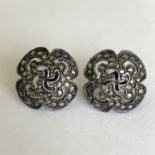Original Antique Sterling Silver Marcasite Large Stud Earrings - marked SILVER