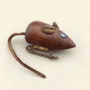Vintage Carved Wood Nut and Leather Brooch Pin of a Mouse - Unusual!