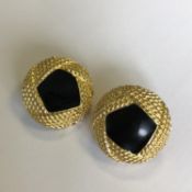 Vintage 80s Monet Gold Tone Rope & Black Stone CLIP ON Earrings Designer Signed
