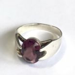 Vintage Retro Silver (Marked Sterling) Ring with Purple Solitaire Stone - Size P