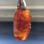 Chinese Carved Amber Pendant on a Sterling Silver Bar Brooch