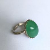 Vintage Silver adjustable ring set with polished green cabochon stone