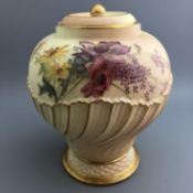Antique Royal Worcester Blush Porcelain Baluster Writhen Floral Vase & Cover
