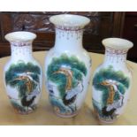 Three Oriental Vases Depicting Crane Birds