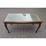 Mid Century Leather Inlaid Coffee Table With Glass Top