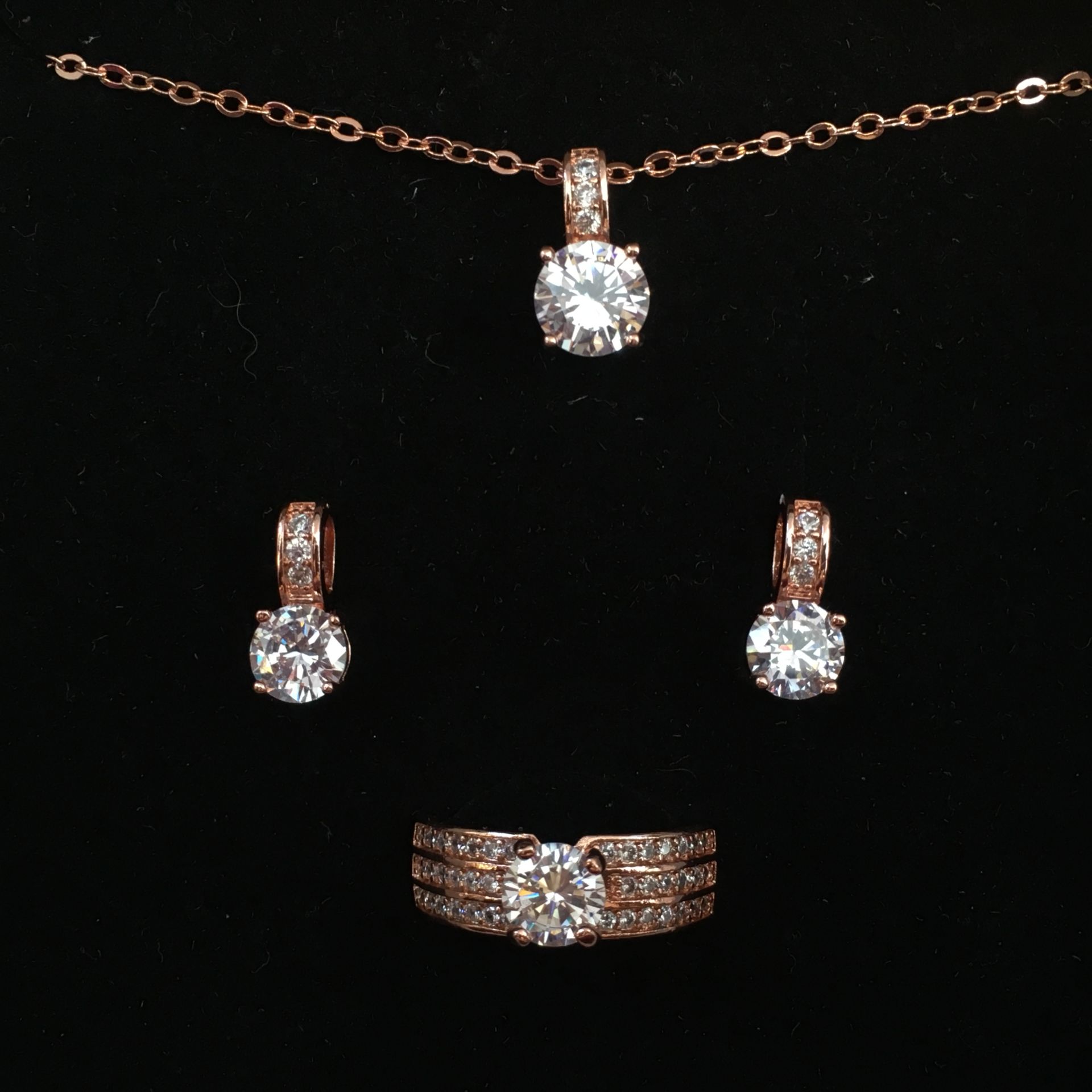 Rose Gold Plated, Three Piece, Necklace, Earring And Ring Set With Cubic Zirconia Stones