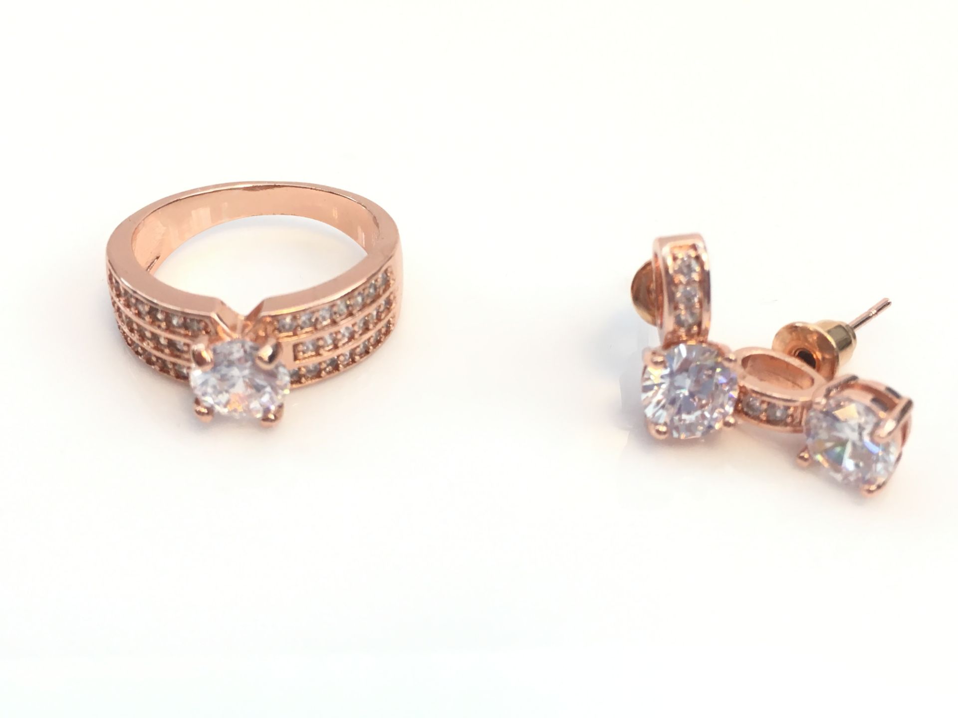 Rose Gold Plated, Three Piece, Necklace, Earring And Ring Set With Cubic Zirconia Stones - Image 2 of 4