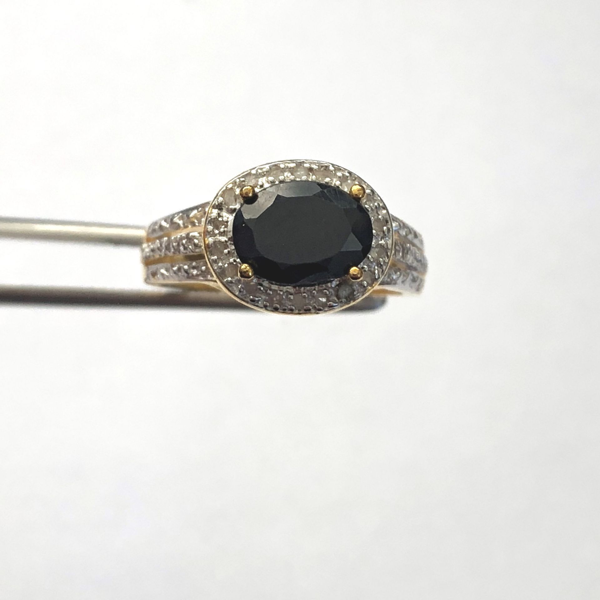 18k gold over sterling silver, black sapphire and diamond ring