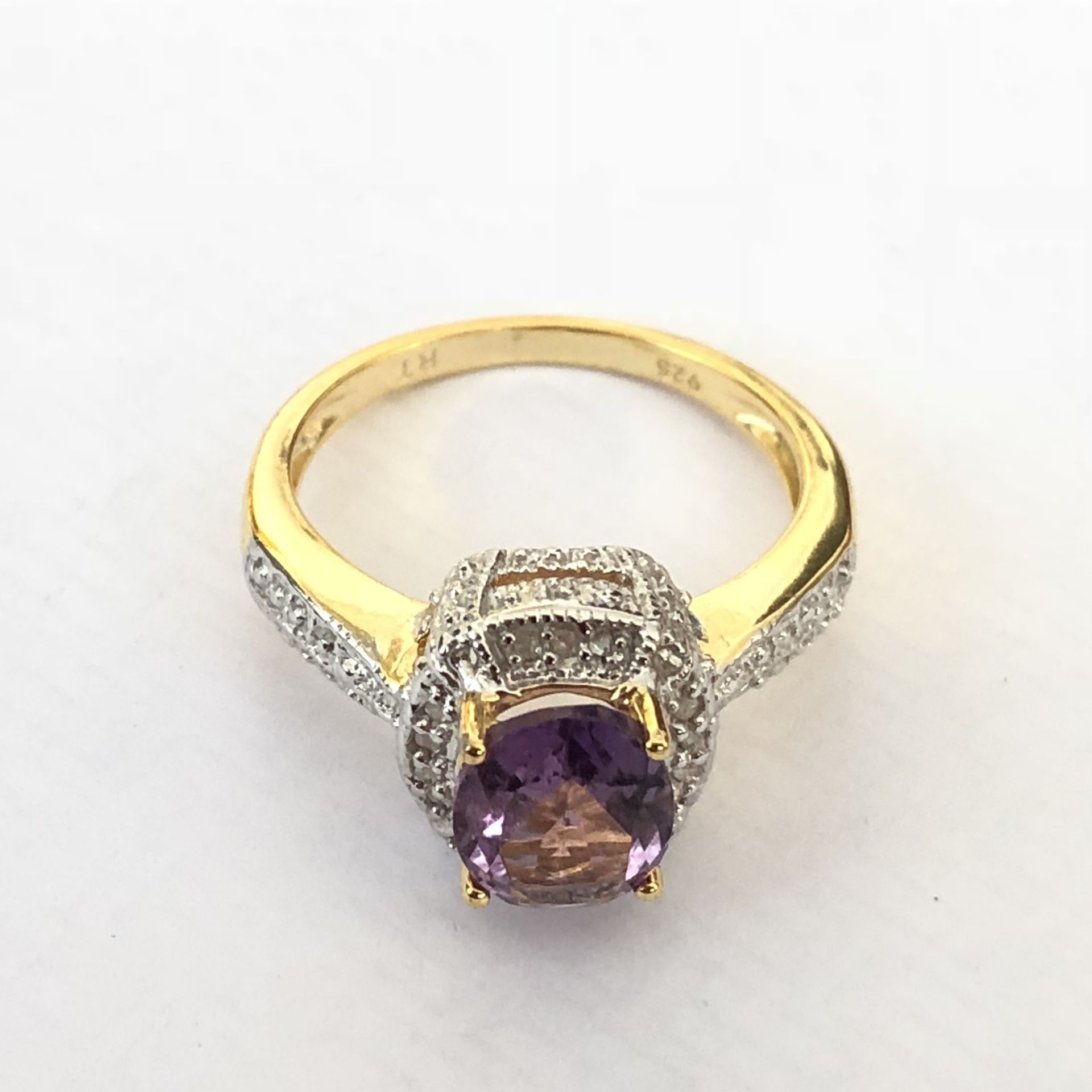 18k gold over sterling silver, amethyst and diamond ring - Image 2 of 2