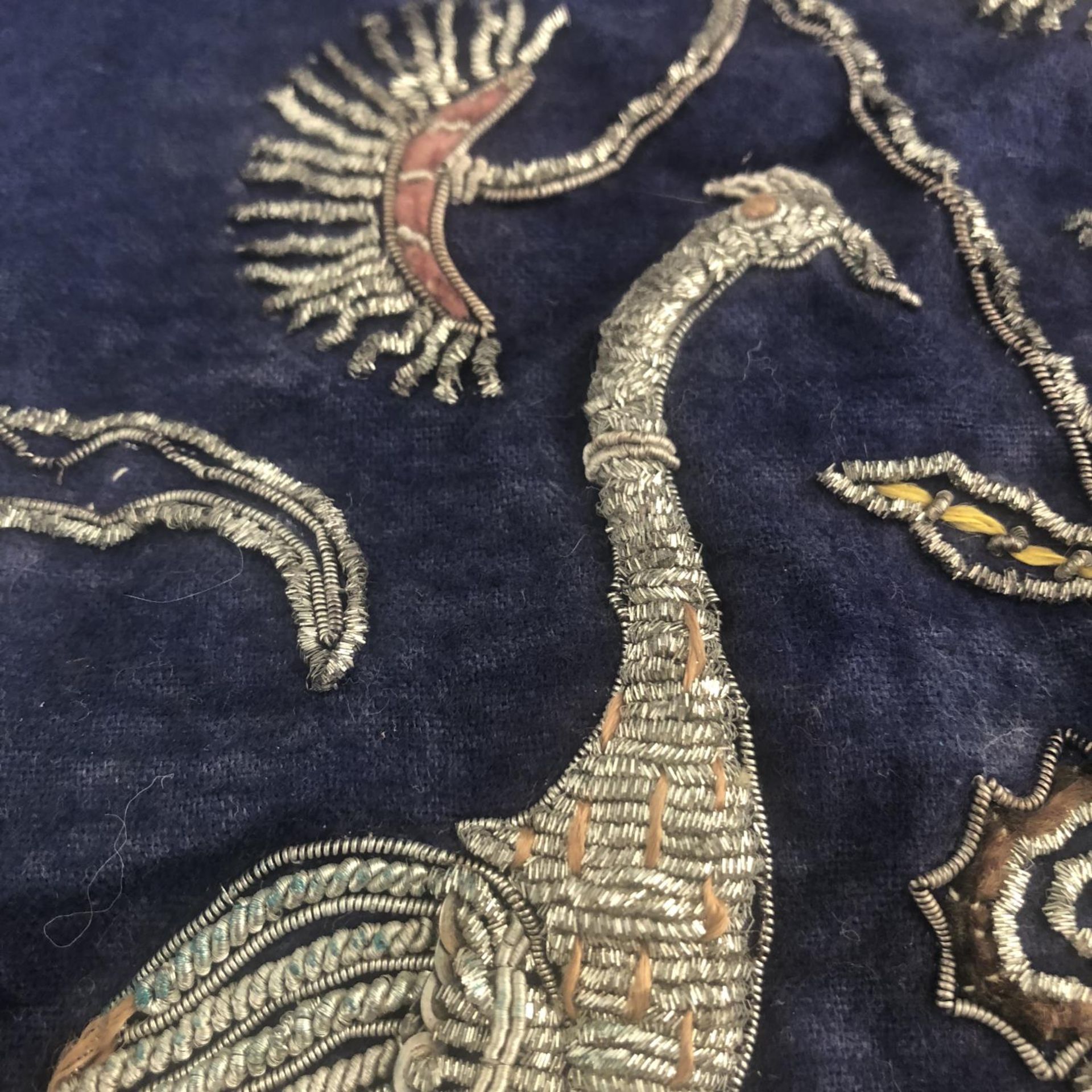 Antique Indian Hand Embroidered Fabric - Peacocks, Urn, India - Metallic Threads - Image 3 of 5