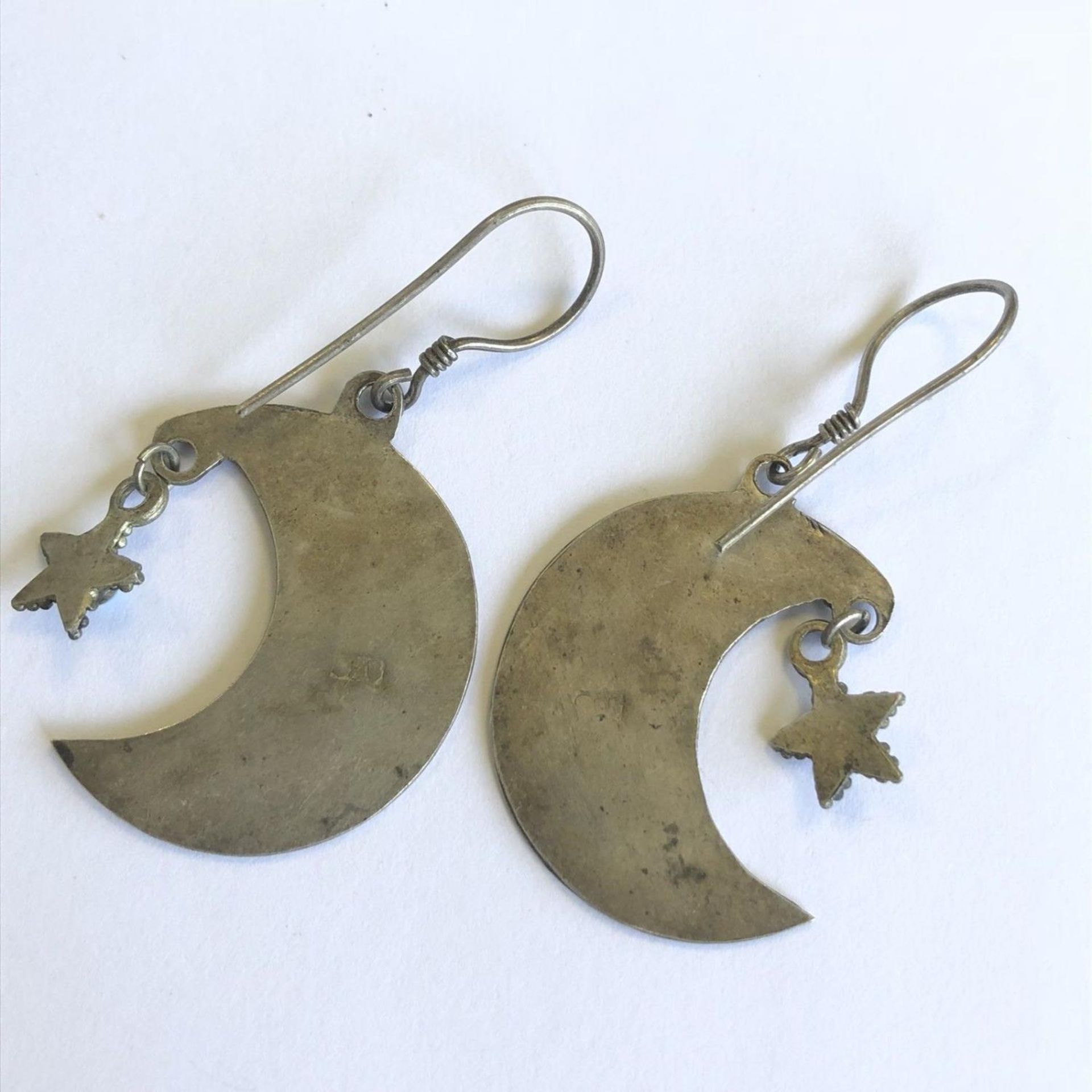 Antique Artisan Sterling Silver Earrings Moon and Star Turquoise Rose Gold Inlay - Image 2 of 2