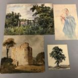 A collection of Four Unframed Unsigned Small Antique Watercolour Paintings