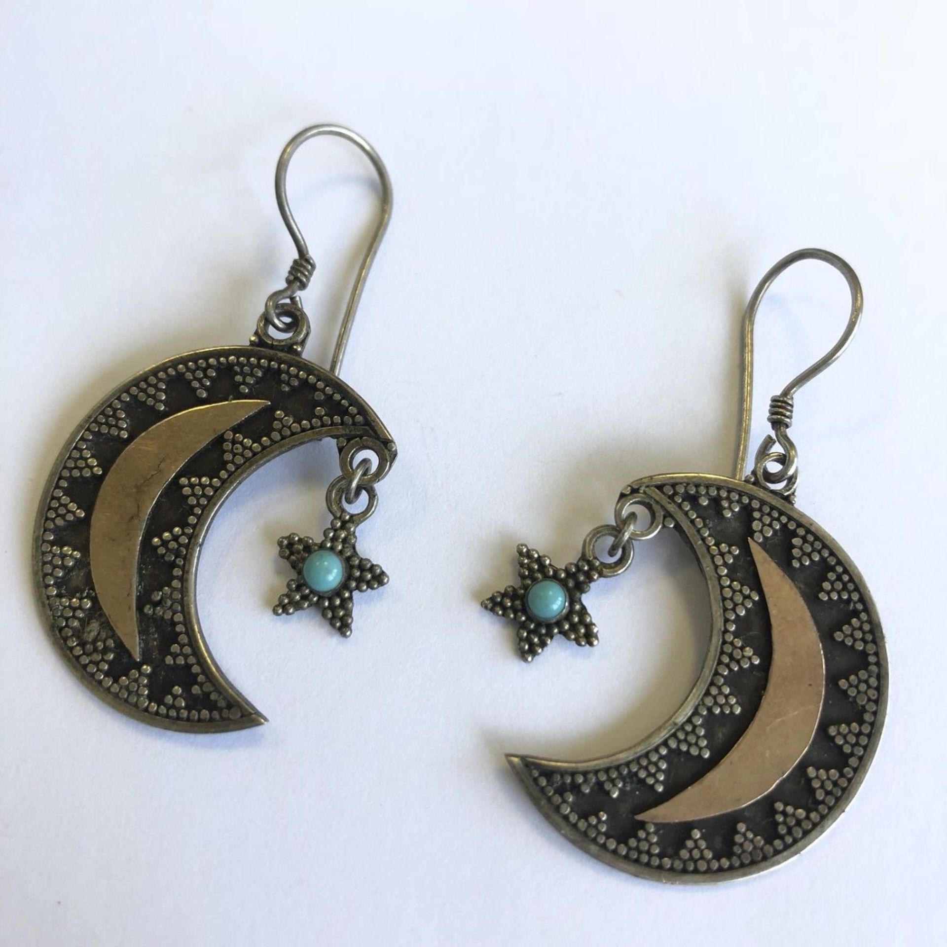 Antique Artisan Sterling Silver Earrings Moon and Star Turquoise Rose Gold Inlay