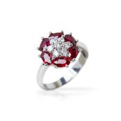 Camdame 18k White Gold Ruby & Diamond Flower Design Cocktail Ring