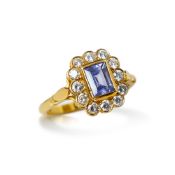 18k Yellow Gold Emerald Cut Tanzanite & Diamond Ring