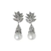 Buccellati 18k White Gold South Sea Pearl & Diamond Drop Earrings