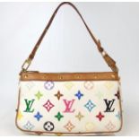 Louis Vuitton, White Multicolor Monogram Canvas Leather Clutch Bag