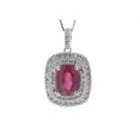 14ct White Gold Oval Ruby And Diamond Cluster Pendant 0.28