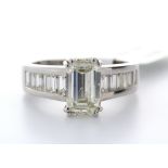 18ct White Gold Single Stone Claw Set Emerald Cut With Stone Set Shoulders Diamond Ring 2.90