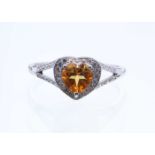 9ct White Gold Heart Shape Citrine Diamond Ring 0.20