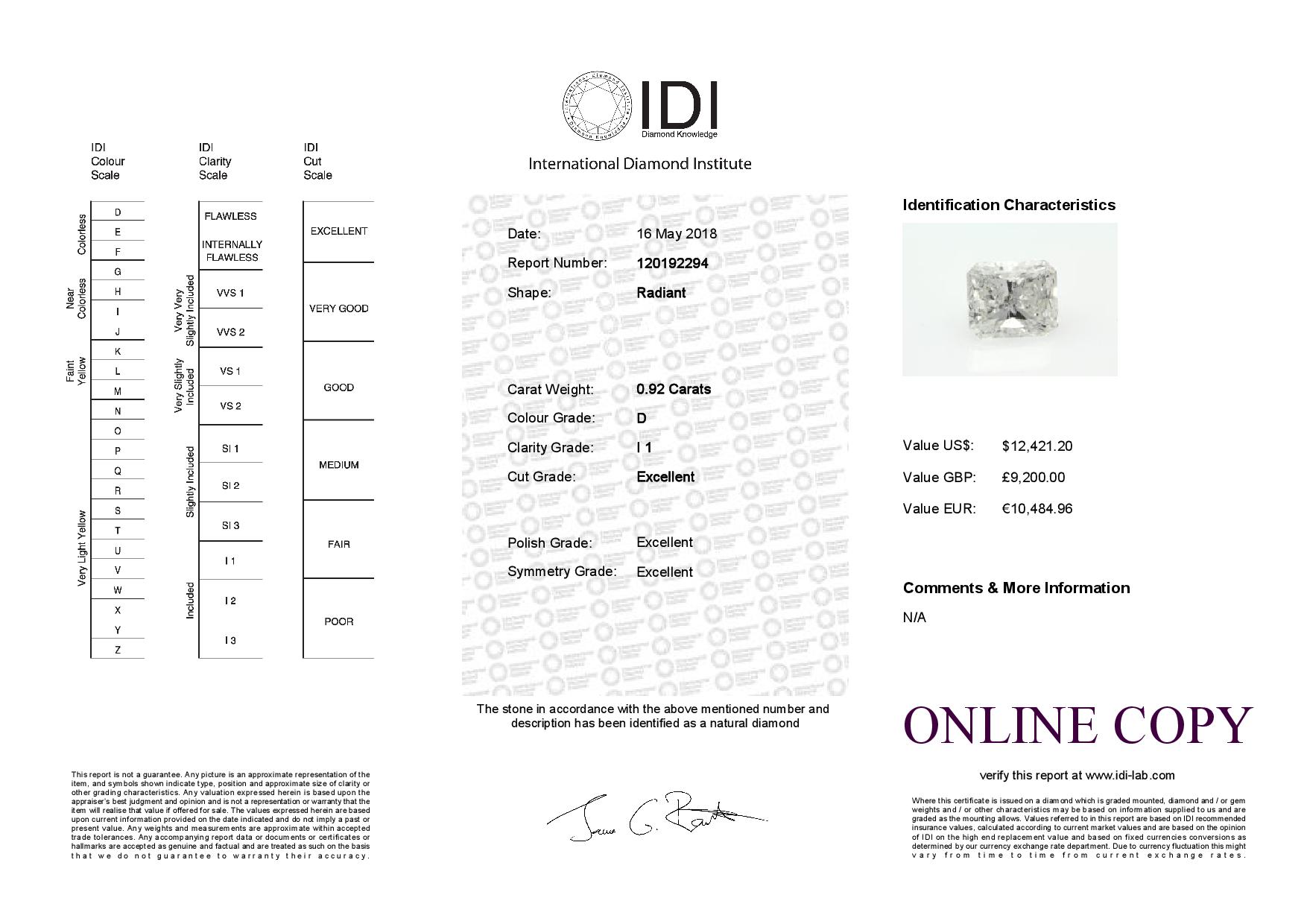 Loose Diamond Radiant 0.92 - Image 2 of 2