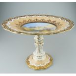 Antique English Porcelain : A very fine hand painted Tazza - Continental Coastal Scene  C.19th