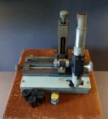 Vintage Scientific Equipment Vernier Microscope In Original Wooden Box Additional Eye Pieces