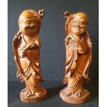 Vintage Pair Chinese Standing Laughing Buddha Figures Hand Carved Wood